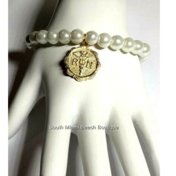 RN Nursing Caduceus Pearl Bead Charm Bracelet Gold Plated Nurse Graduation Gift - Picture 6 of 8